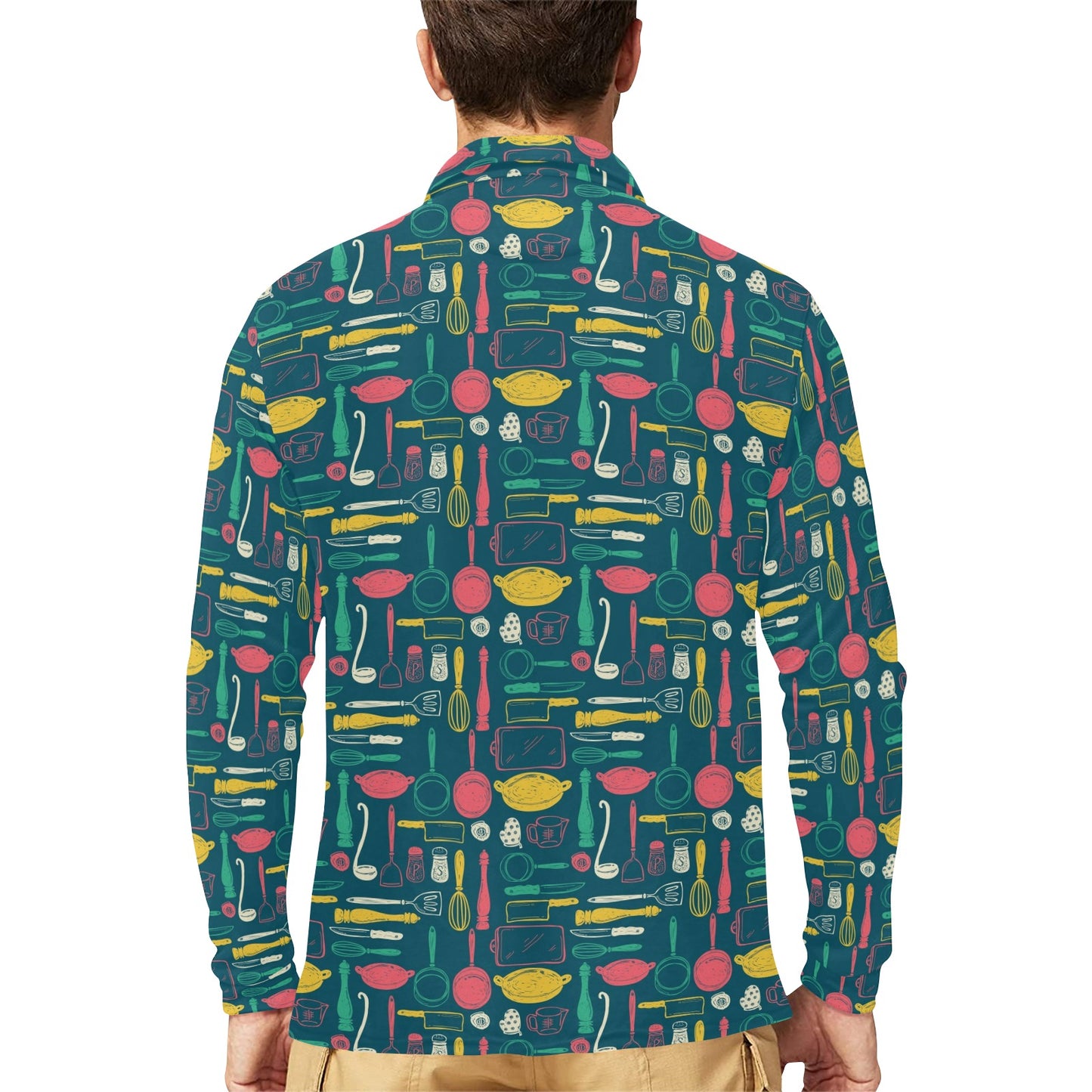 Cooking Kitchen Tools Pattern Print Design 01 Long Sleeve Polo Shirt For Men's
