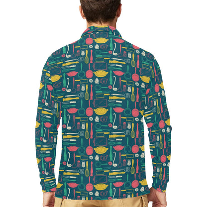 Cooking Kitchen Tools Pattern Print Design 01 Long Sleeve Polo Shirt For Men's