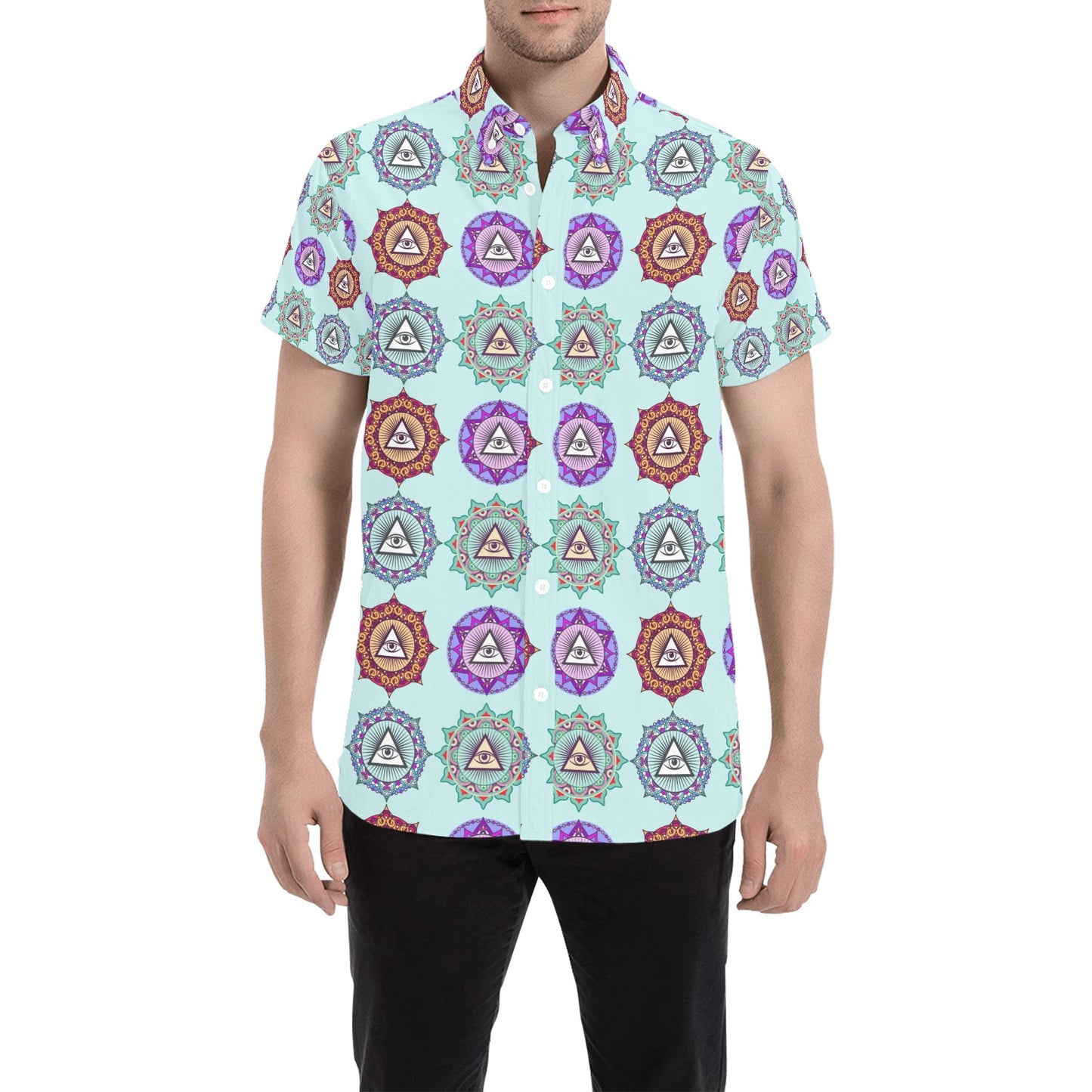Third Eye Print Design LKS302 Men Short Sleeve Button Up Shirt