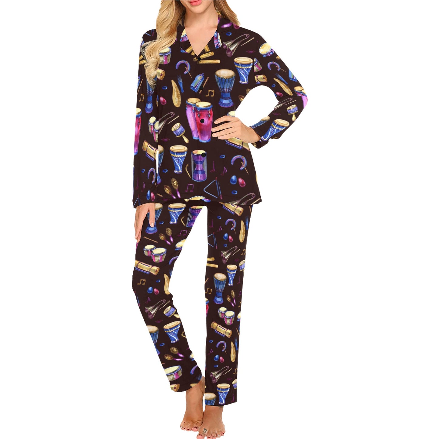 Percussion Neon Pattern Print Design 04 Women's Long Pajama Set