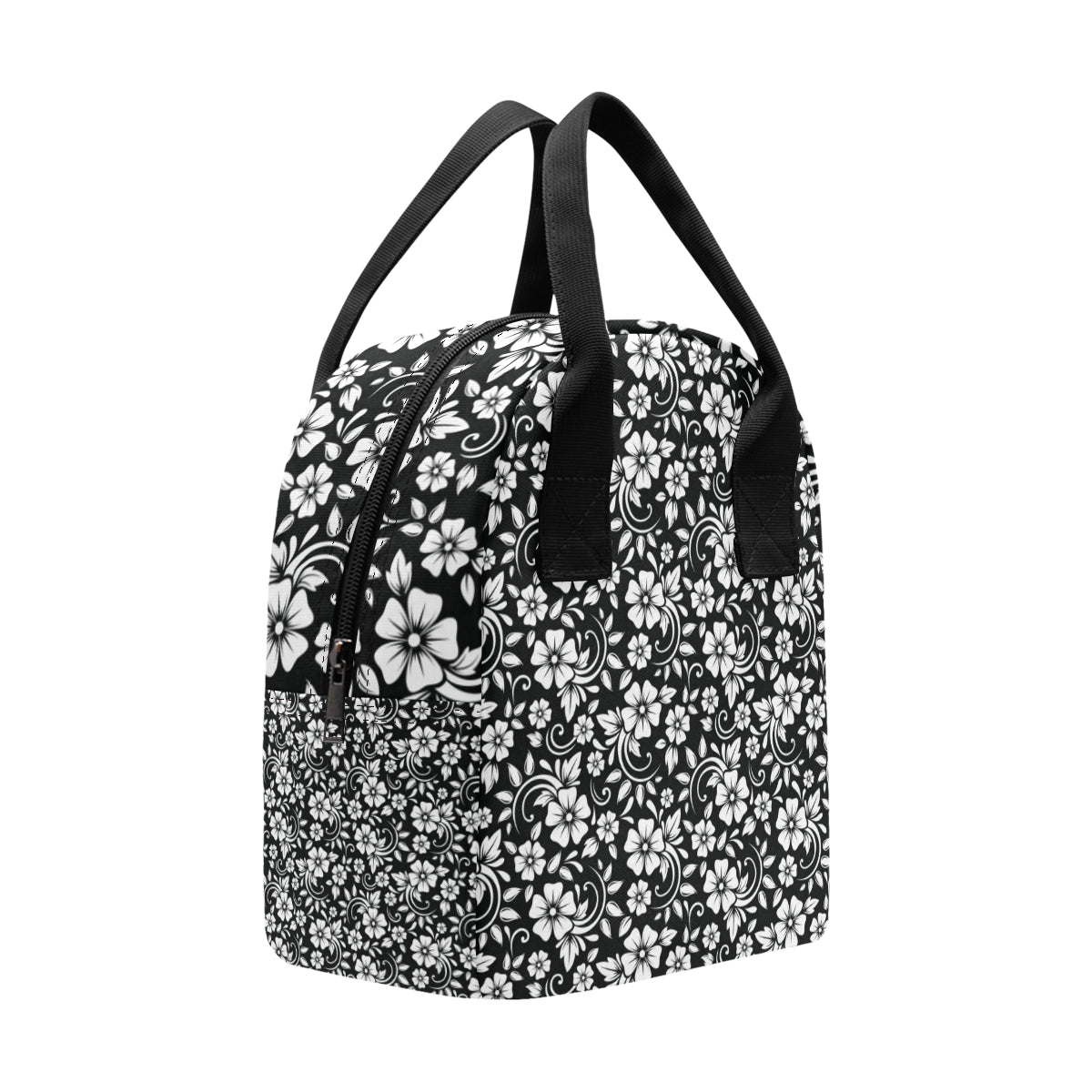 Floral Black White Themed Print Insulated Lunch Bag