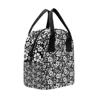 Floral Black White Themed Print Insulated Lunch Bag