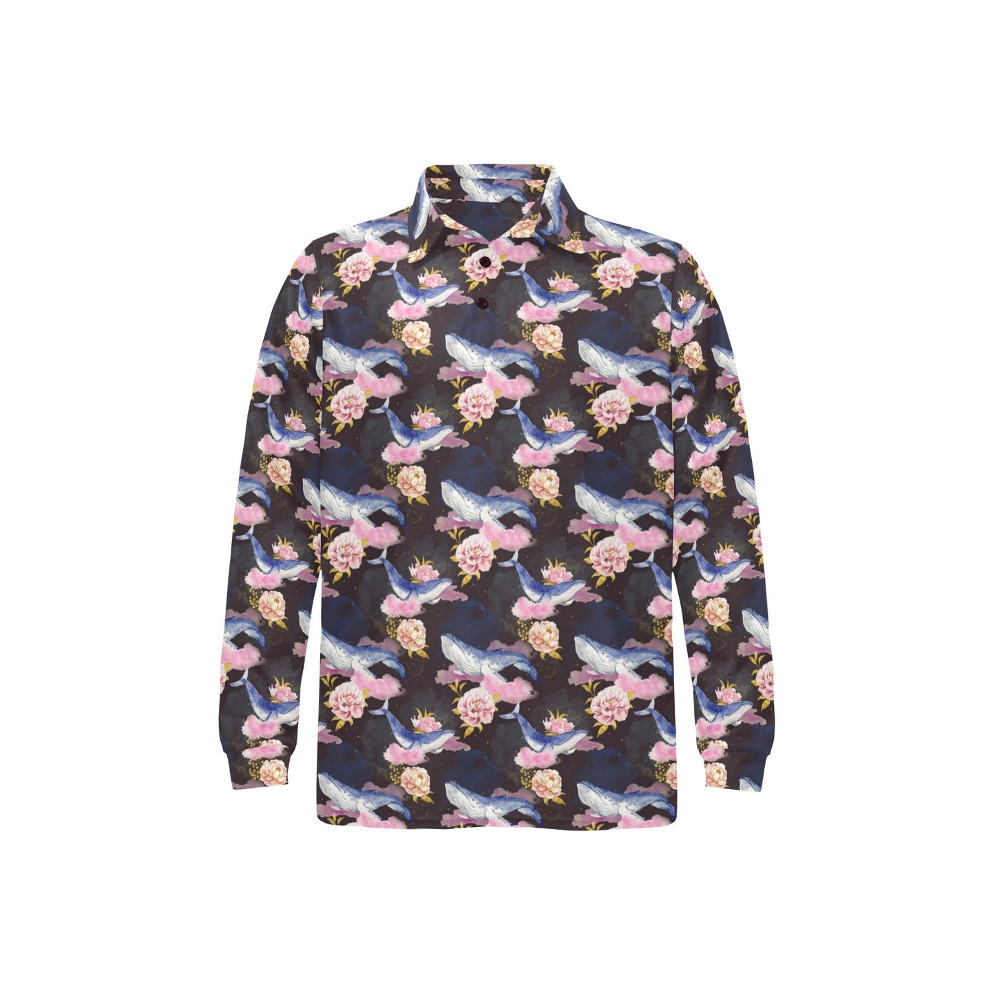Blue Whale Print Design LKS401 Long Sleeve Polo Shirt For Men's