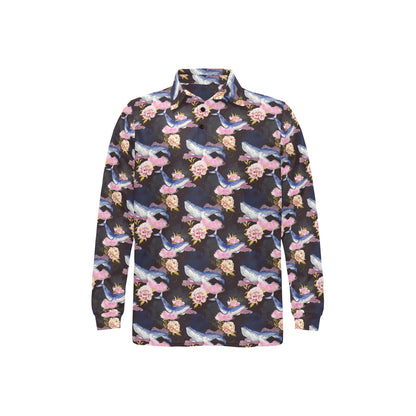 Blue Whale Print Design LKS401 Long Sleeve Polo Shirt For Men's