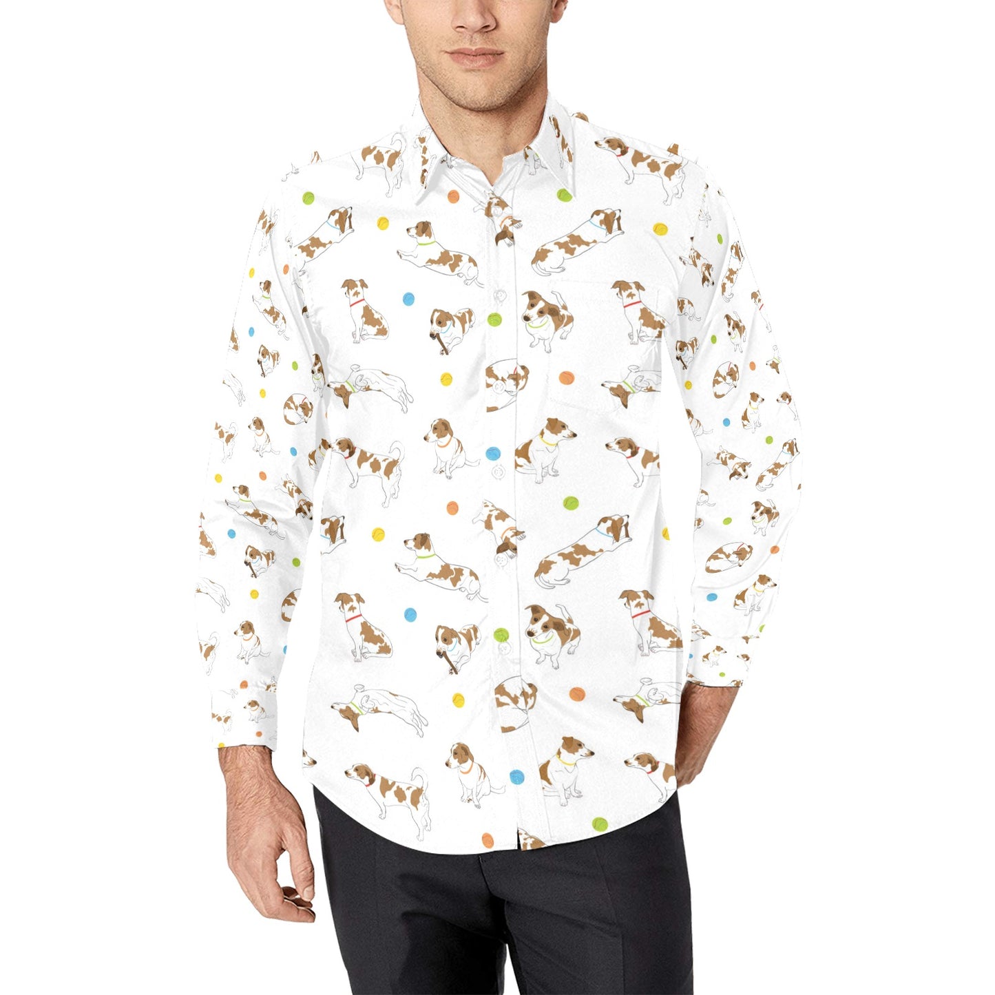 Russell Terriers With Balls Print Design LKS307 Men's Long Sleeve Dress Shirt