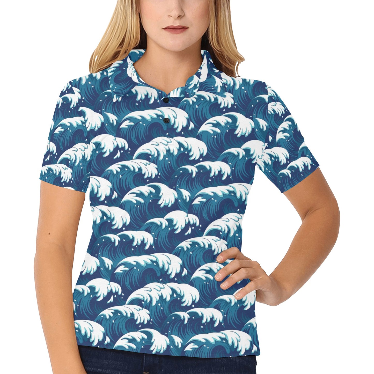 Ocean Wave Pattern Print Women's Polo Shirt
