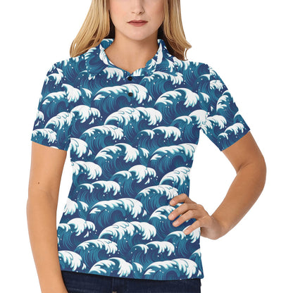 Ocean Wave Pattern Print Women's Polo Shirt