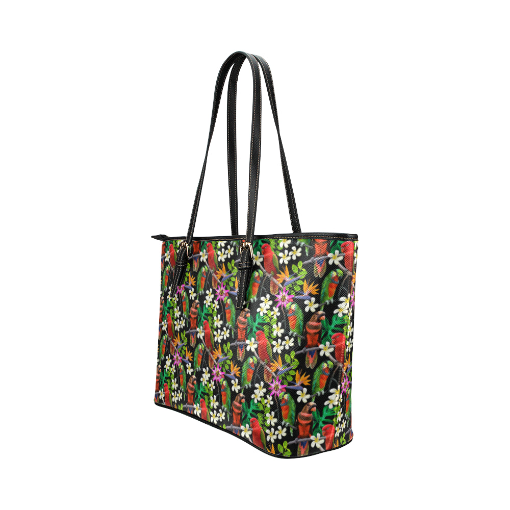 Parrot Design Print Leather Tote Bag