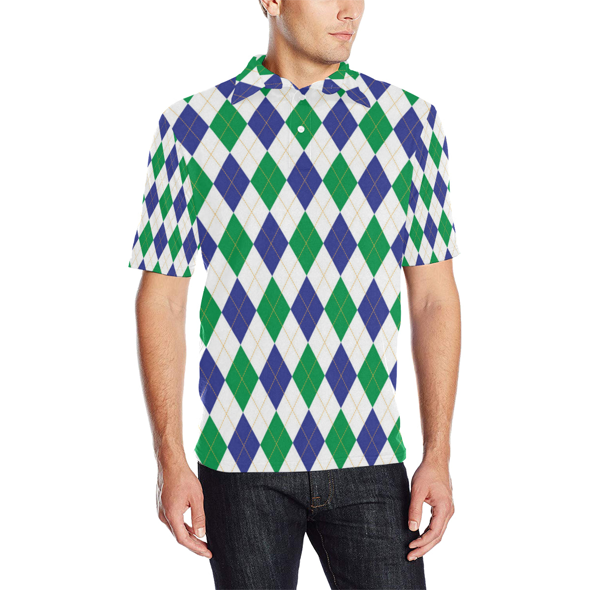 Argyle Green Blue Pattern Print Design 03 Men Polo Shirt