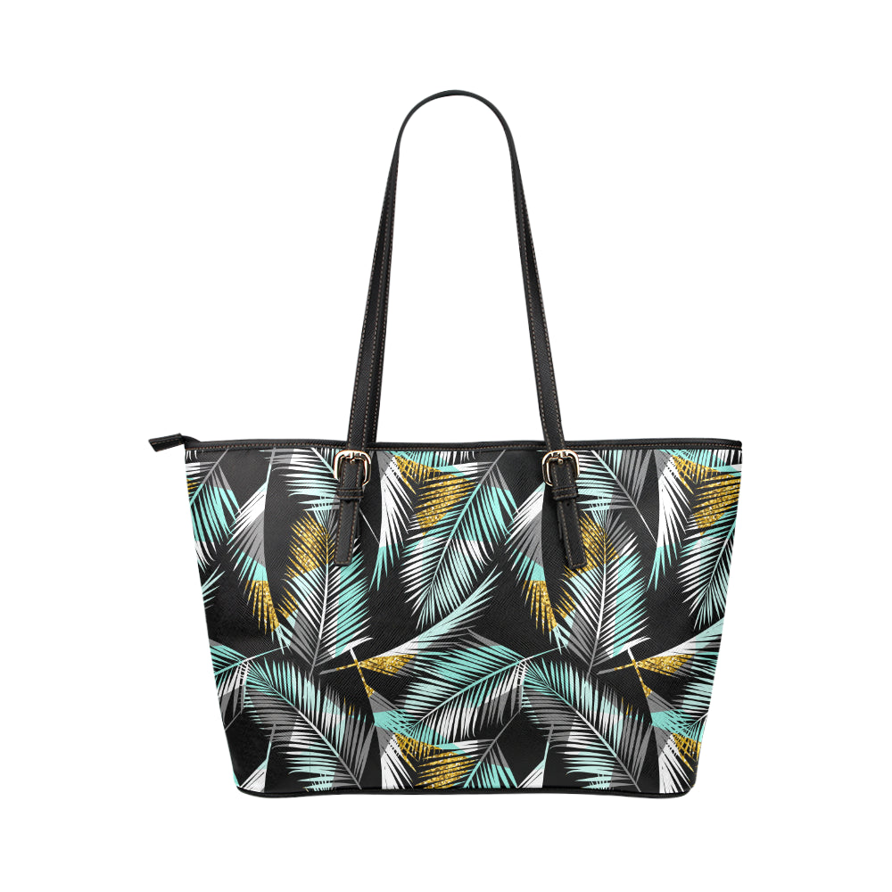 Gold Glitter Cyan Tropical Palm Leaves Leather Tote Bag