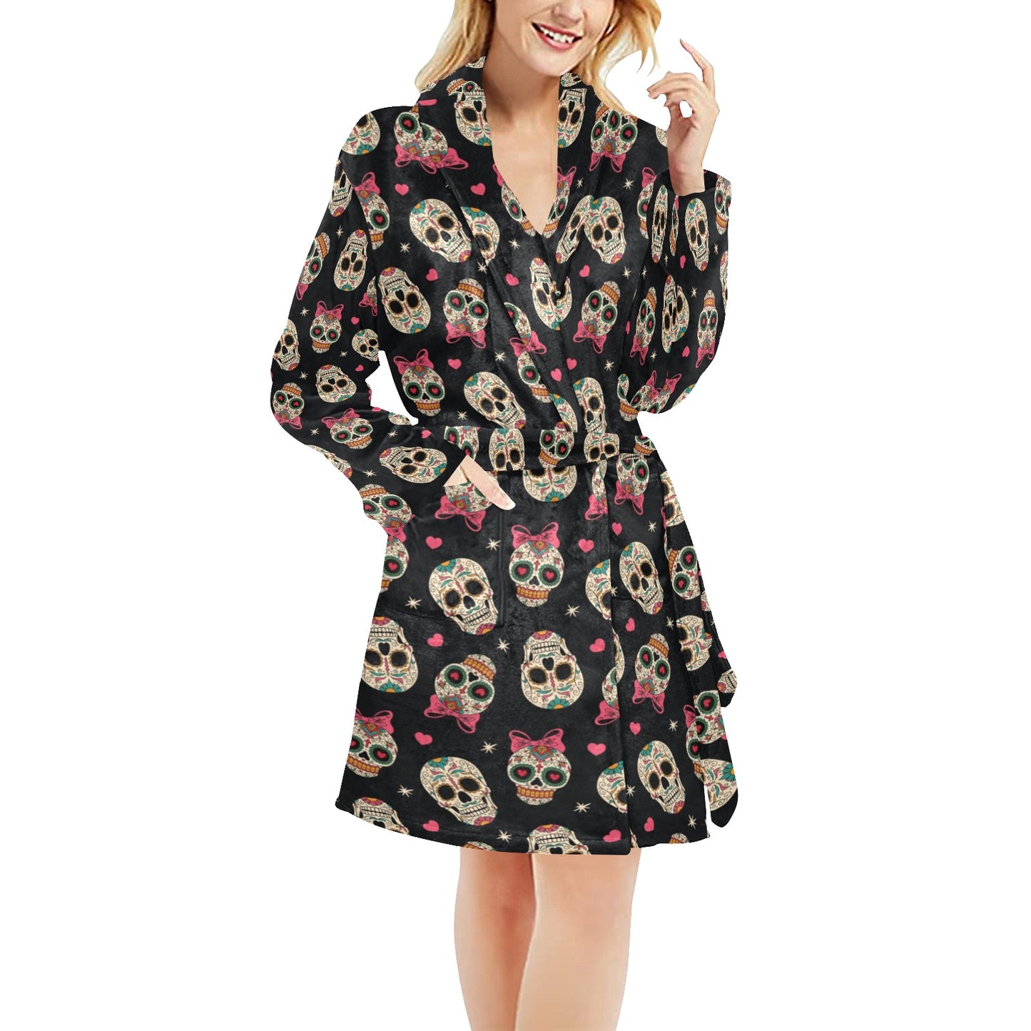 Sugar Skull Pink Bow Themed Print Women's Fleece Robe