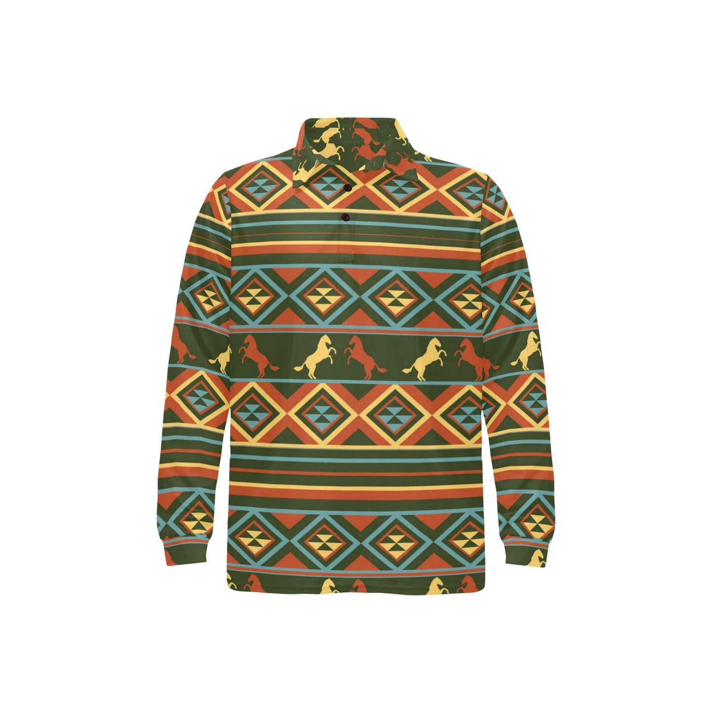 Horse Western Pattern Long Sleeve Polo Shirt For Men's