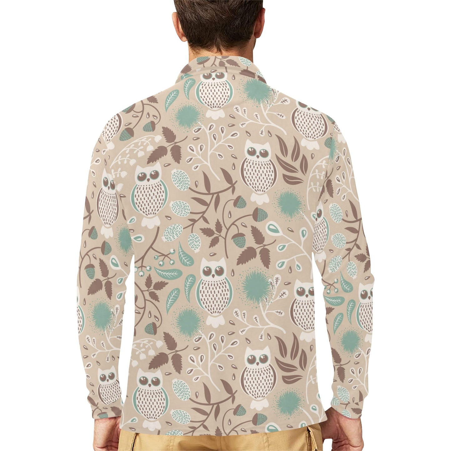 Owl Pattern Print Design A02 Long Sleeve Polo Shirt For Men's