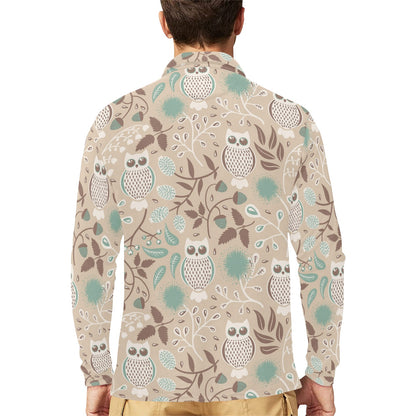 Owl Pattern Print Design A02 Long Sleeve Polo Shirt For Men's