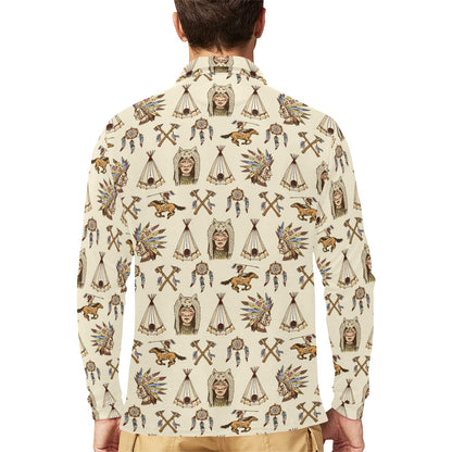 Native Indian Pattern Design Print Long Sleeve Polo Shirt For Men's