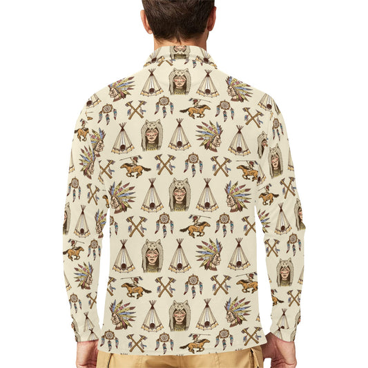 Native Indian Pattern Design Print Long Sleeve Polo Shirt For Men's