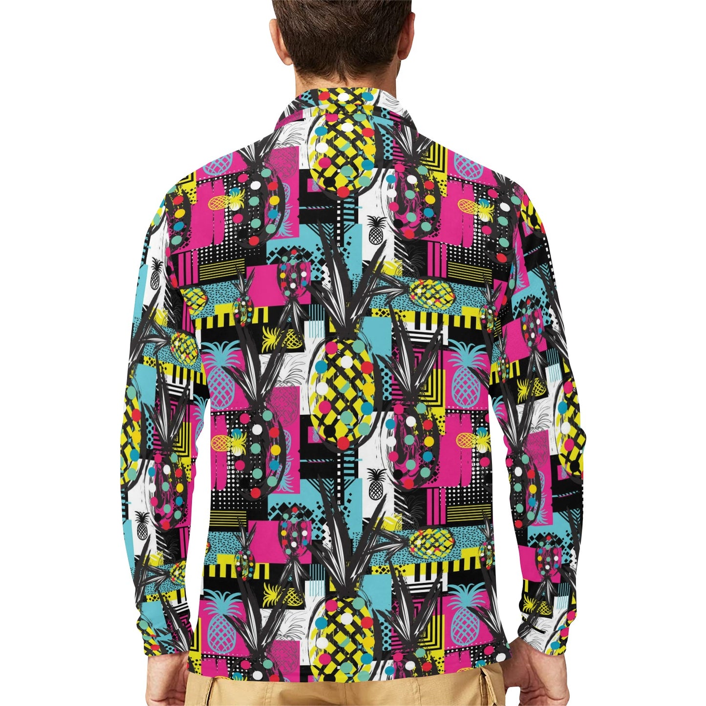 Pop Art Pineapple Pattern Print Design A02 Long Sleeve Polo Shirt For Men's