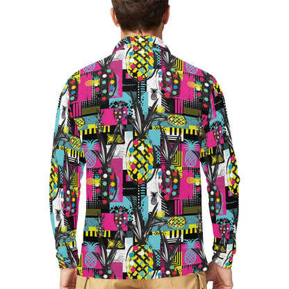 Pop Art Pineapple Pattern Print Design A02 Long Sleeve Polo Shirt For Men's