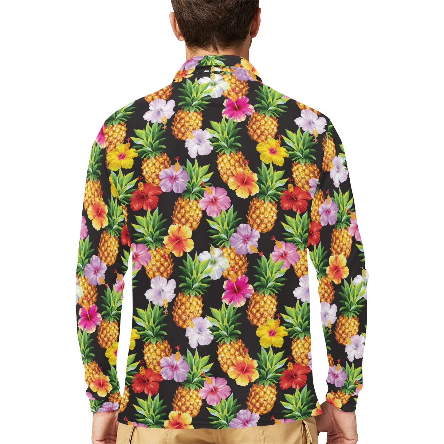 Pineapple Hibiscus Long Sleeve Polo Shirt For Men's