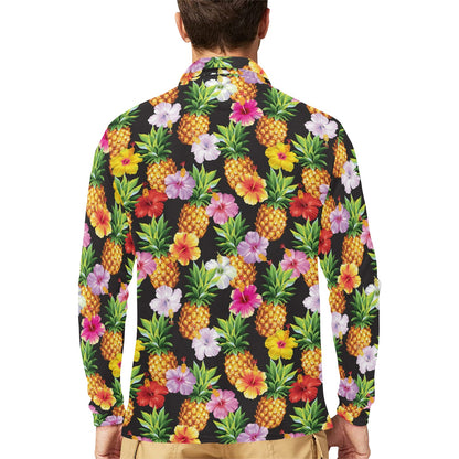 Pineapple Hibiscus Long Sleeve Polo Shirt For Men's