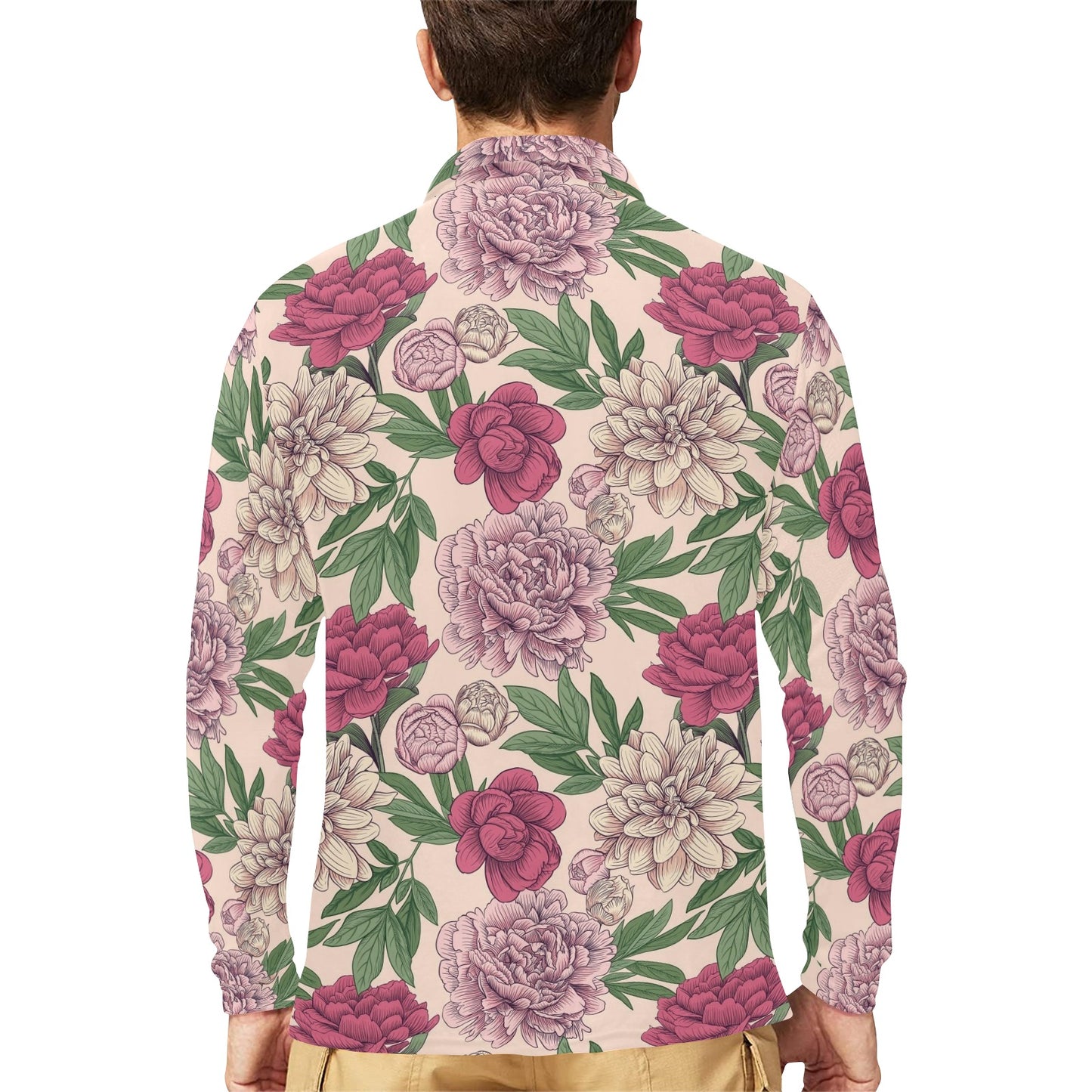 Peony Pattern Print Design A01 Long Sleeve Polo Shirt For Men's