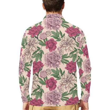 Peony Pattern Print Design A01 Long Sleeve Polo Shirt For Men's