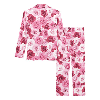Pink Red Rose Pattern Print Women's Long Pajama Set