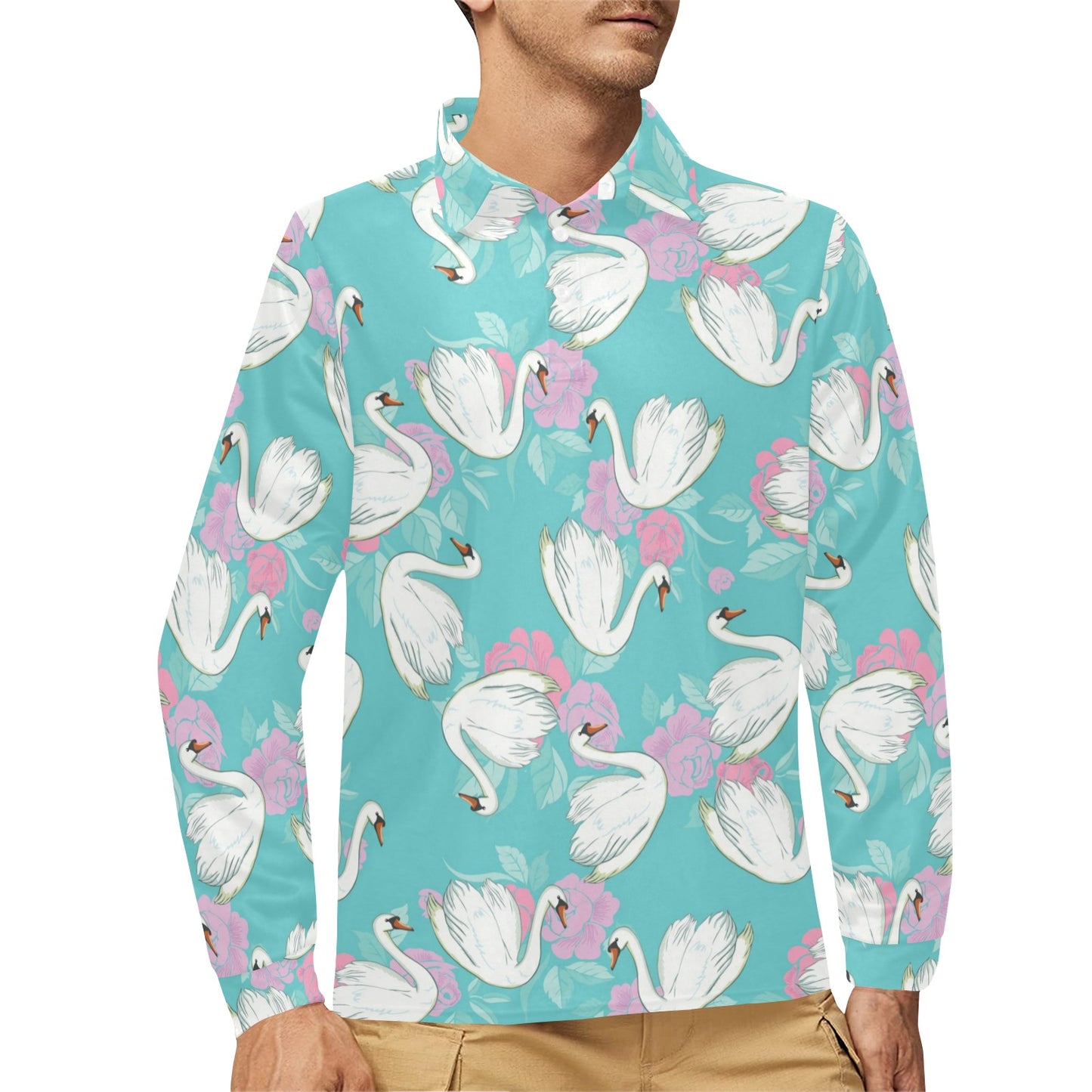Swan Pattern Print Design 03 Long Sleeve Polo Shirt For Men's