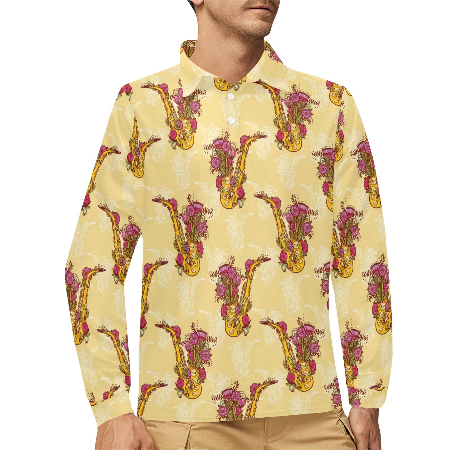 Saxophone Pattern Print Design 04 Long Sleeve Polo Shirt For Men's