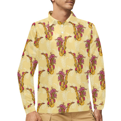 Saxophone Pattern Print Design 04 Long Sleeve Polo Shirt For Men's