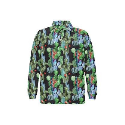 Cactus Watercolor Style Print Long Sleeve Polo Shirt For Men's