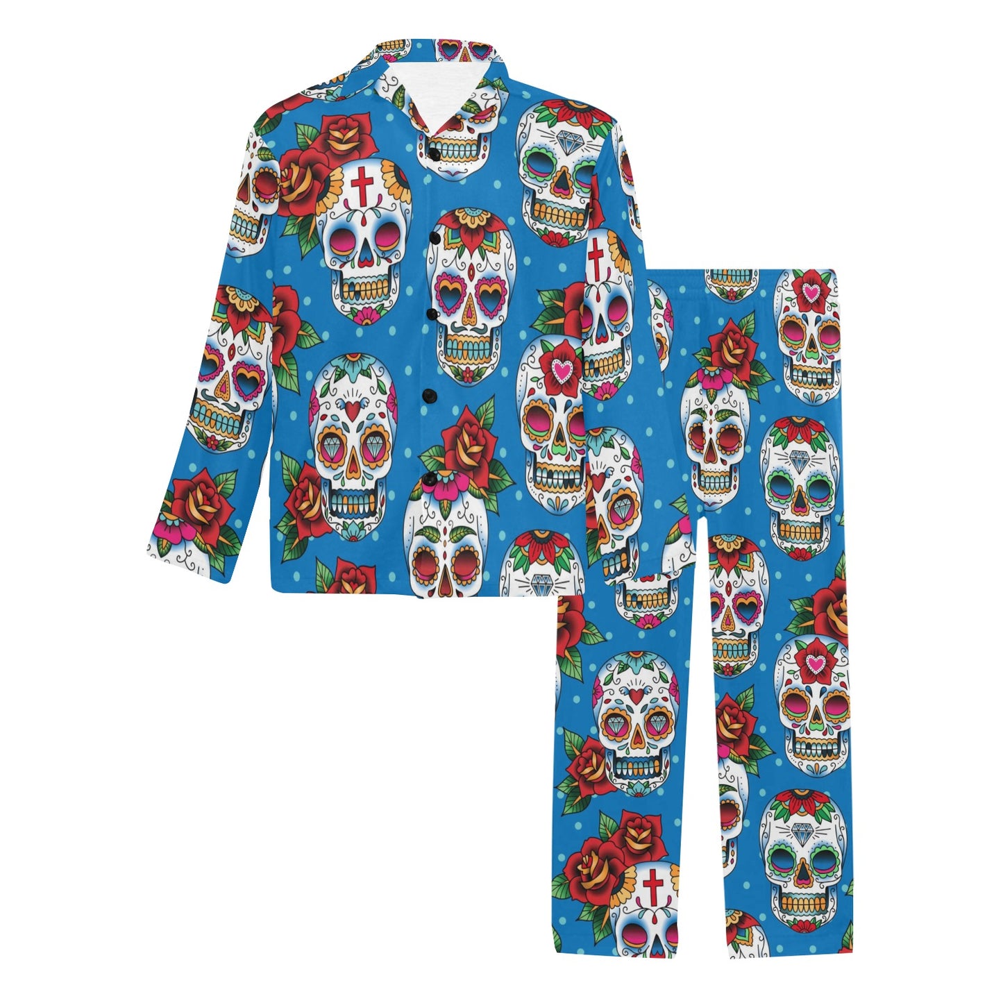 Sugar Skull Rose Pattern Men's Long Pajama Set