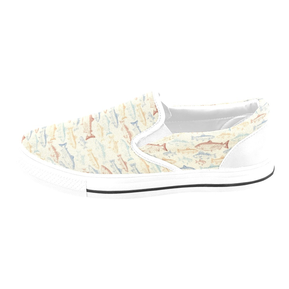 Salmon Fish Print Design LKS302 White Slip Ons Canvas Women's Shoes