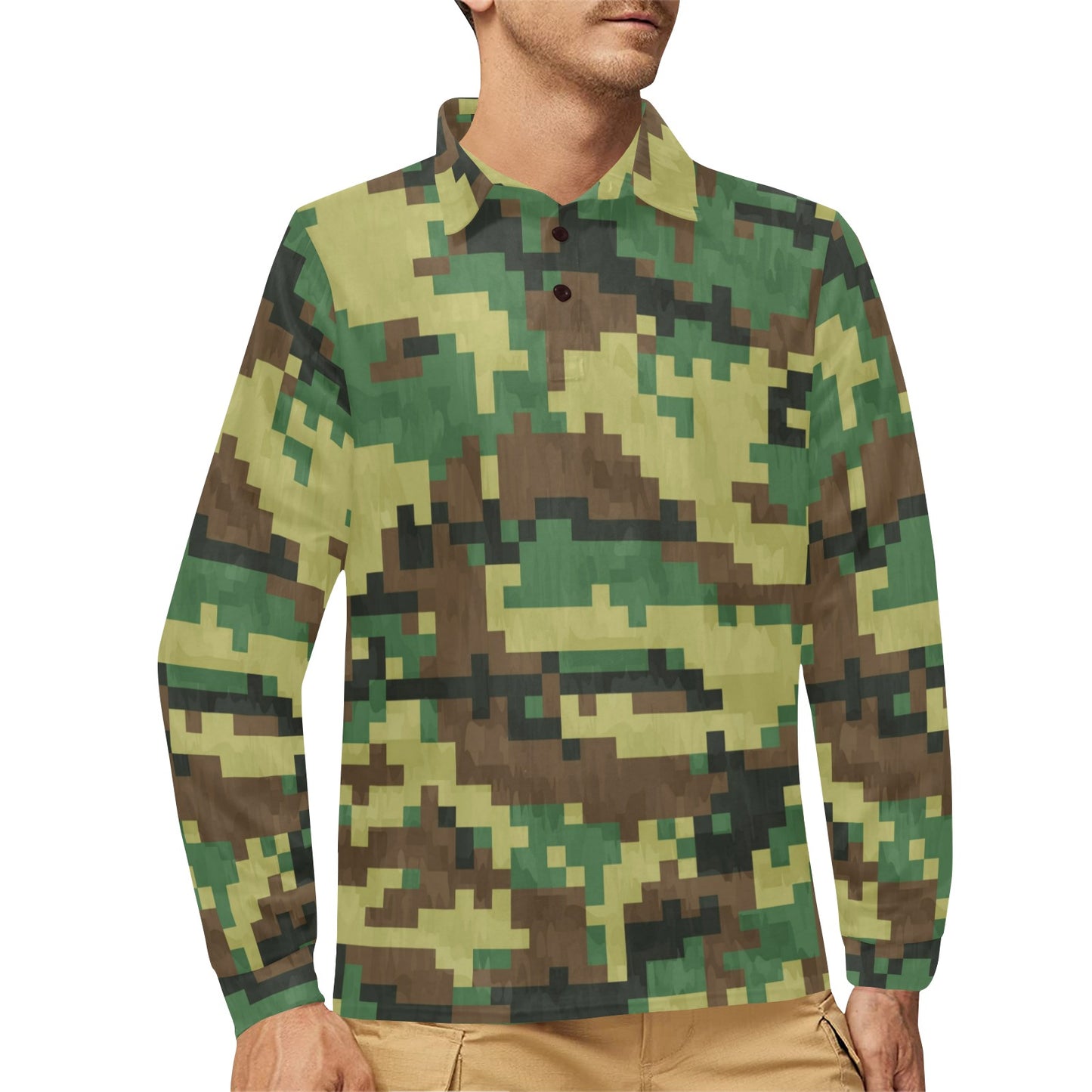 ACU Army Digital Pattern Print Design 02 Long Sleeve Polo Shirt For Men's