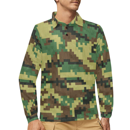ACU Army Digital Pattern Print Design 02 Long Sleeve Polo Shirt For Men's