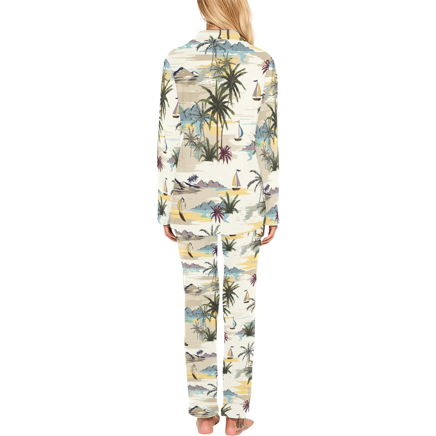 Palm Tree Beach Print Women's Long Pajama Set