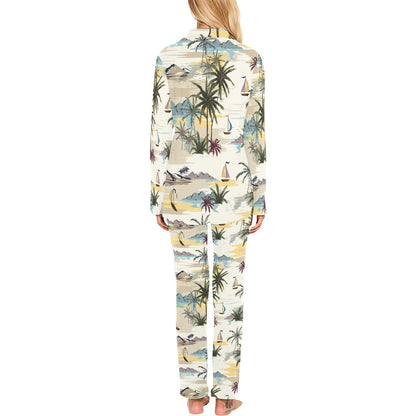 Palm Tree Beach Print Women's Long Pajama Set