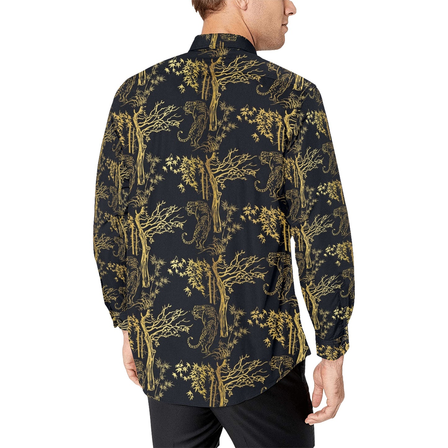 Tiger Gold Print Design LKS307 Men's Long Sleeve Dress Shirt
