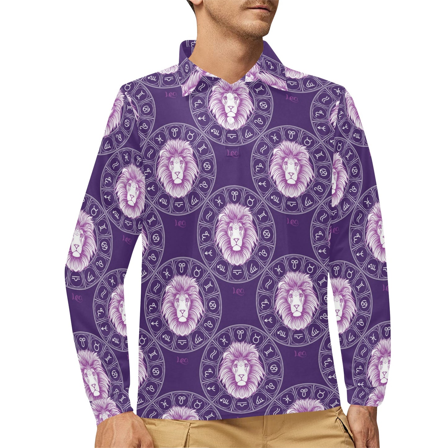 Leo Pattern Print Design 04 Long Sleeve Polo Shirt For Men's