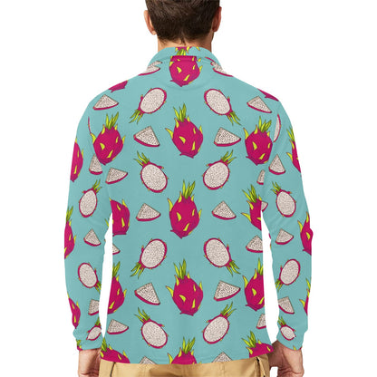 Dragonfruit Pattern Print Design DF01 Long Sleeve Polo Shirt For Men's
