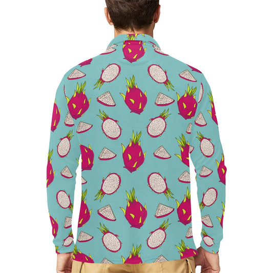 Dragonfruit Pattern Print Design DF01 Long Sleeve Polo Shirt For Men's
