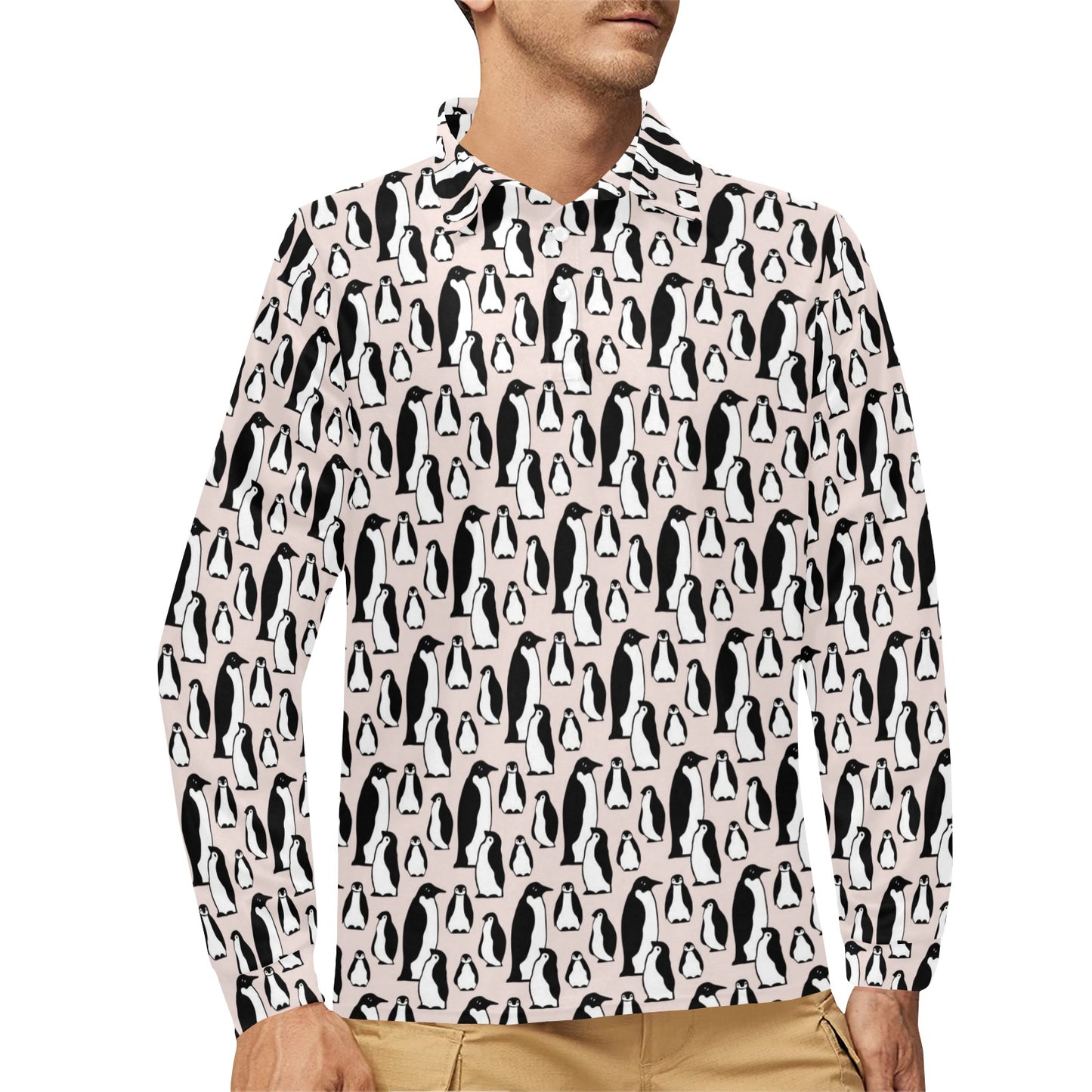 Penguin Themed Long Sleeve Polo Shirt For Men's
