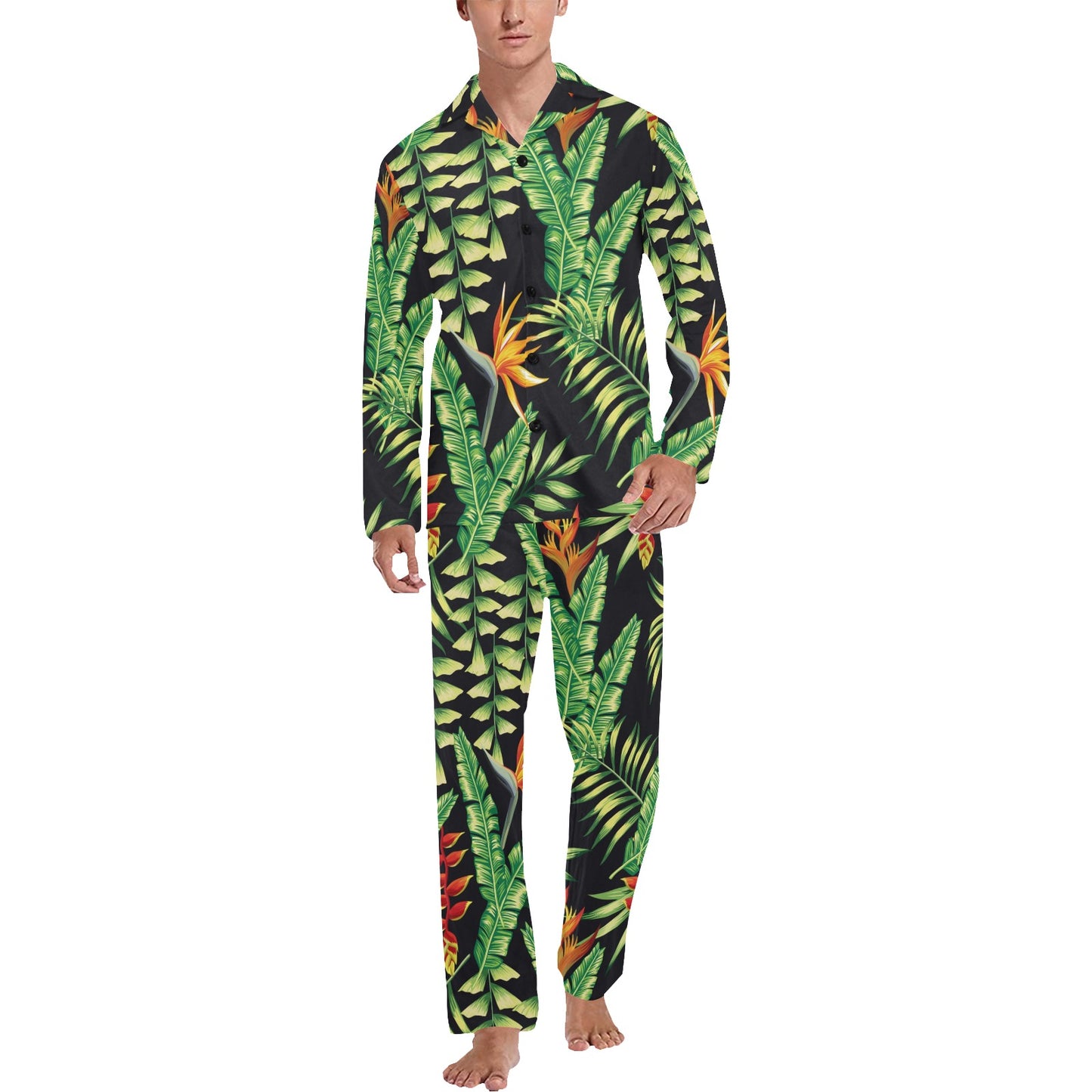 Hawaiian Flower Tropical Palm Leaves Men's Long Pajama Set