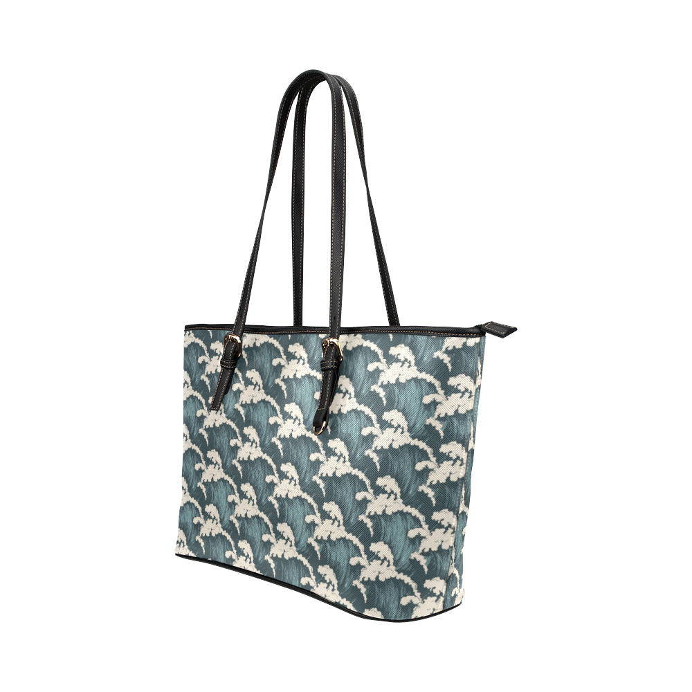 Wave Art Print Leather Tote Bag