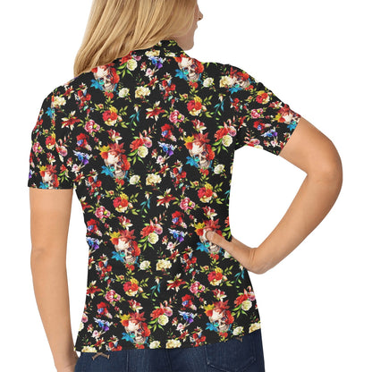 Skull Roses Flower Design Themed Print Women's Polo Shirt