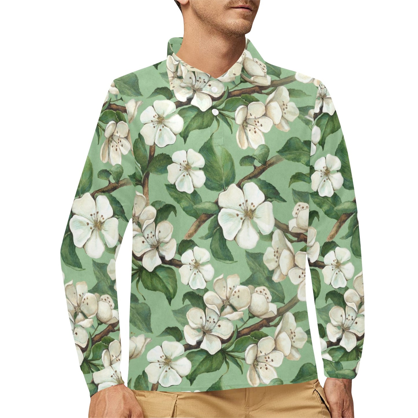 Apple blossom Pattern Print Design AB02 Long Sleeve Polo Shirt For Men's
