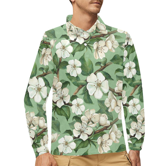 Apple blossom Pattern Print Design AB02 Long Sleeve Polo Shirt For Men's