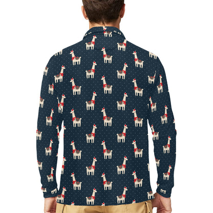 Llama with Polka Dot Themed Print Long Sleeve Polo Shirt For Men's