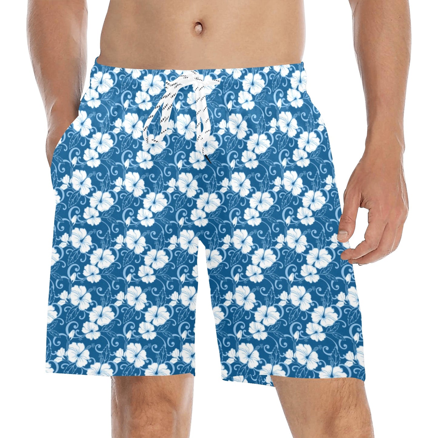 Hibiscus Blue Flower Hawaiian Print Men's Swim Trunks Beach Shorts