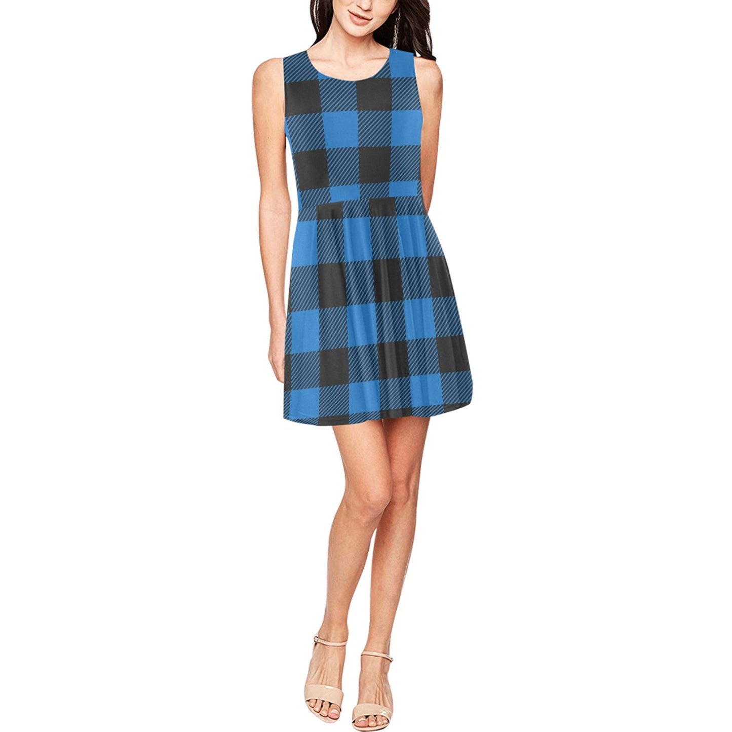 Buffalo check Blue Pattern Print Design 03 Sleeveless Dress